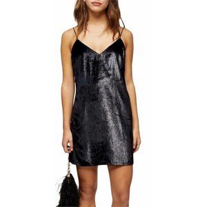 Topshop NWT Size 8 Black Glitter Velvet V-Neck Club Party Mini Slip Dress